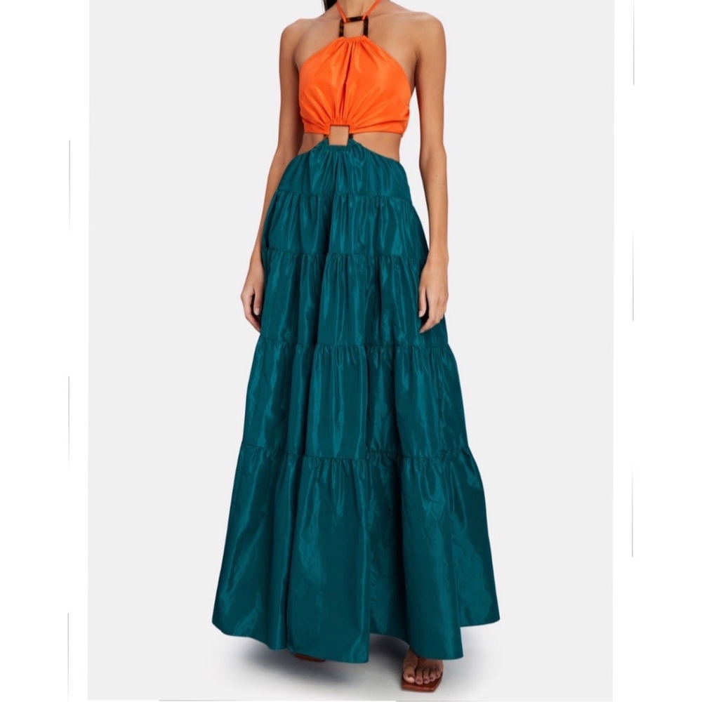 STAUD Two-Tone Gown with cutouts and Tortoise shell detail